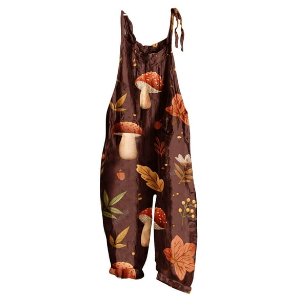 up to 60% off Gifts Jumpsuits for Women Fashion Adjustable Strap Loose Cotton Linen Pocket Wide Leg Baggy Long Jumpsuits Overalls Summer Formal Plants Print Crewneck Sleeveless Maxi Rompers Brown s