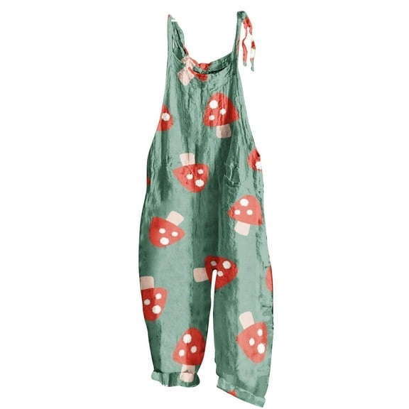 up to 60% off Gifts Jumpsuits for Women Fashion Adjustable Strap Loose Cotton Linen Pocket Wide Leg Baggy Long Jumpsuits Overalls Summer Formal Plants Print Crewneck Sleeveless Maxi Rompers Green xl