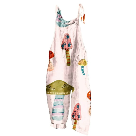 up to 60% off Gifts Jumpsuits for Women Fashion Adjustable Strap Loose Cotton Linen Pocket Wide Leg Baggy Long Jumpsuits Overalls Summer Formal Plants Print Crewneck Sleeveless Maxi Rompers Pink xxl