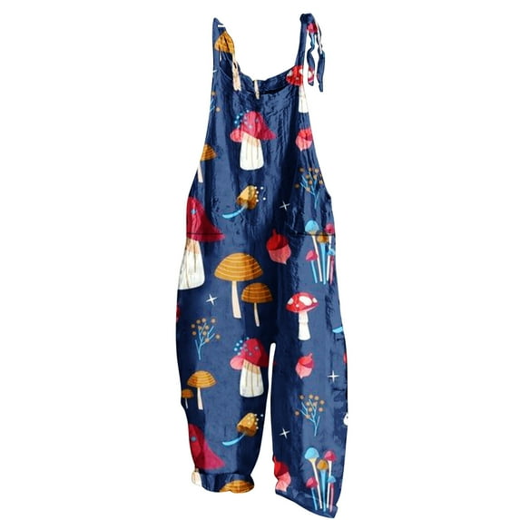 up to 60% off Gifts Jumpsuits for Women Loose Wide Leg Adjustable Strap Fashion Graphics Cotton Linen Baggy Long Jumpsuits Overalls Summer Formal Plants Print Crewneck Sleeveless Maxi Rompers Blue xl