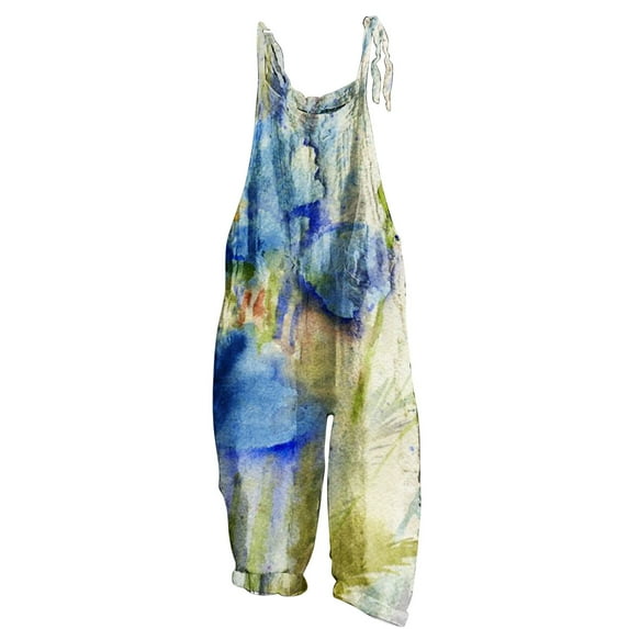 Gifts Jumpsuits for Women Vintage Cotton Linen Floral Adjustable Strap Pocket Wide Leg Baggy Jumpsuits Overalls Summer Formal Tie-Dye Print Round Neck Sleeveless Long Rompers Yellow m