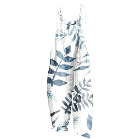 up to 60% off Gifts Jumpsuits for Women Vintage Cotton Linen Loose Baggy Adjustable Strap Wide Leg Pocket Jumpsuist Overalls Summer Formal Leaves Print Round Neck Sleeveless Long Rompers Blue s