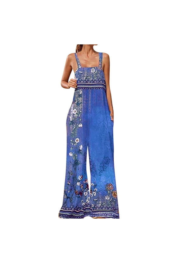 up to 60% off Gifts Jumpsuits for Women Vintage Ethnic Style Graphics Plus Size Wide Leg Baggy Strap Long Jumpsuits Overalls Summer Formal Floral Print Square Neck Sleeveless Maxi Rompers Blue xxxxl