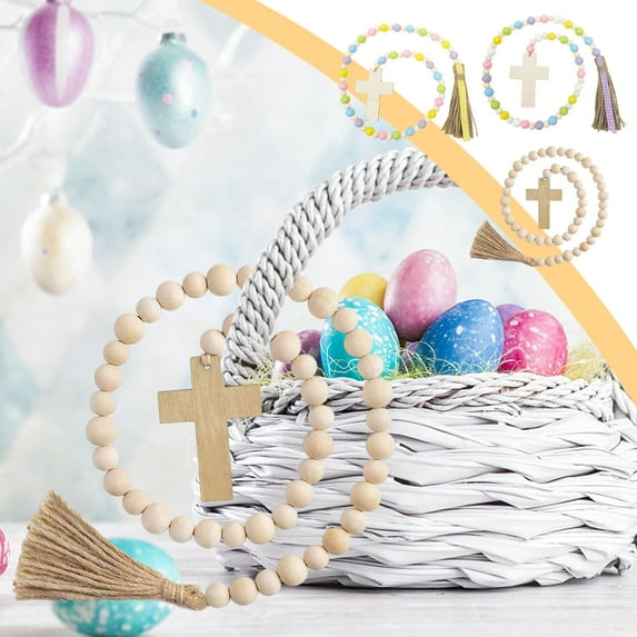 Up to 60% off Gifts Nsxcdh Birthday Gift Easter Wooden Bead Garland Farmhouses Decorative Wooden Bead Rosary Tassel Garland Wall Hanging Ornament With Crosses For Tiered Tray