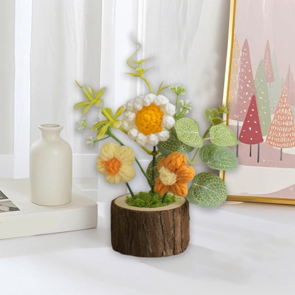 Nsxcdh Modern Decorative Sculptures Crochet Flowers Artificial Potted Plants For Office Desk Car Dashboard Decor Gifts For Women Handmade Knitted Flowers Home Decoration