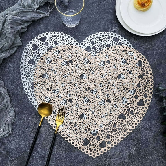 Nsxcdh Heart-Shaped Hollow Faux Leather Placemat Valentine's Table Mat Heat-Resistant PVC Coffee Mat Easy-Clean Kitchen Decor Accessory