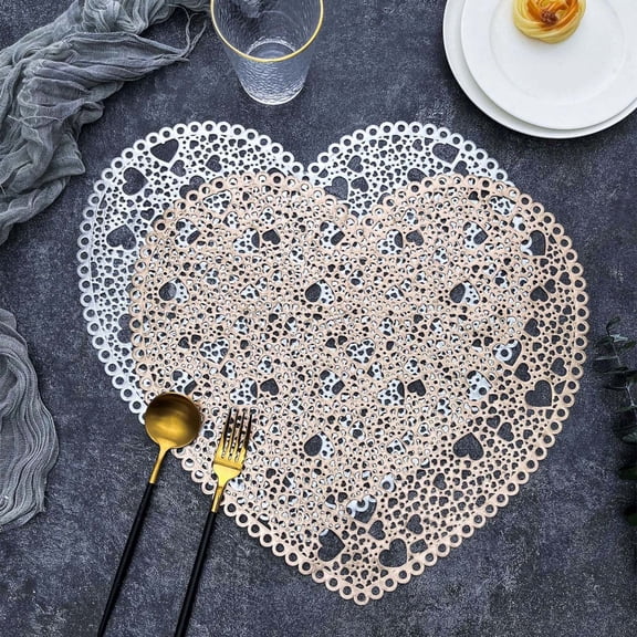 Nsxcdh Heart-Shaped Hollow Faux Leather Placemat Valentine's Table Mat Heat-Resistant PVC Coffee Mat Easy-Clean Kitchen Decor Accessory