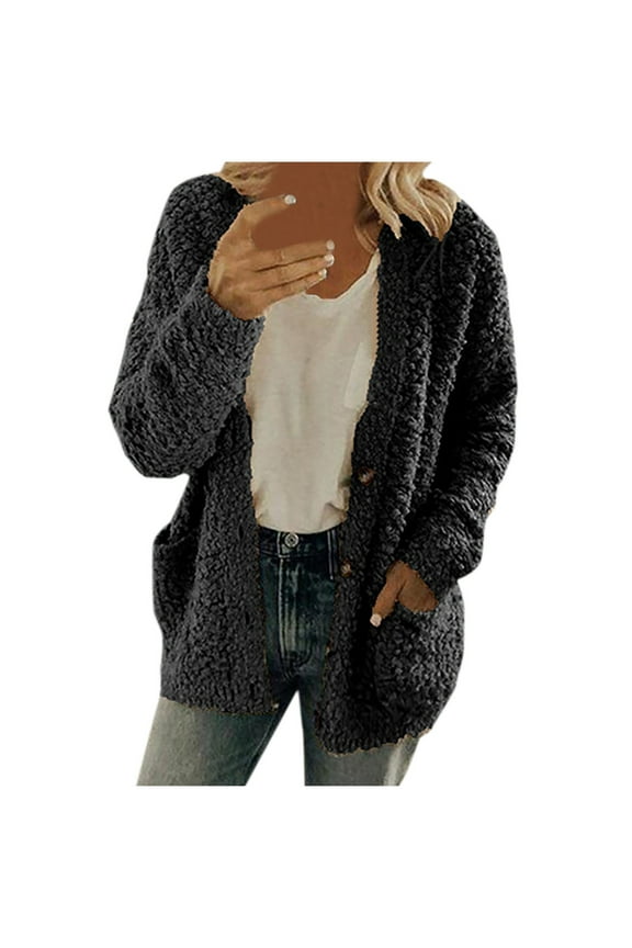 up to 60% off Gifts Sherpa Jacket for Women Winter Fluffy Fleece Coat for Women Plus Size Casual Solid Plush Sweatshirt Outwear Long Sleeve Open Button Sweater Coat with Pocket Jacket Holiday