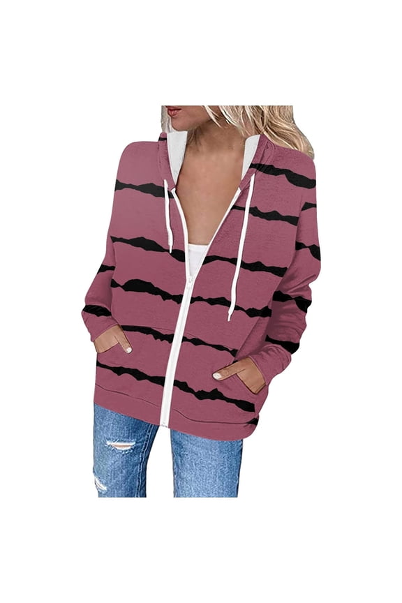 up to 60% off Gifts Sweatshirt Coat for Women Winter Womens Hooded Coat Fall Plus Size Lightweight Long Sleeve Hoodies Top Outwear Trendy Striped Print Zip up Sweatshirt with Pocket Weekly