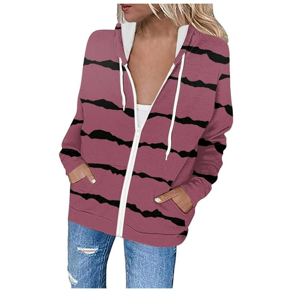 up to 60% off Gifts Sweatshirt Coat for Women Winter Womens Hooded Coat Fall Plus Size Lightweight Long Sleeve Hoodies Top Outwear Trendy Striped Print Zip up Sweatshirt with Pocket Weekly