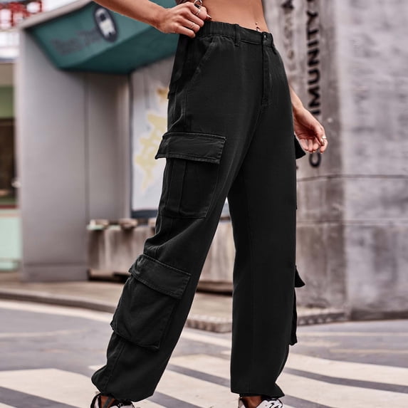 up to 60% off Gifts Usmixi Cargo Pants for Women Fashion Button Elastic Waist Solid Loose Trousers Comfy Lightweight Denim Straight Long Pants Black XL