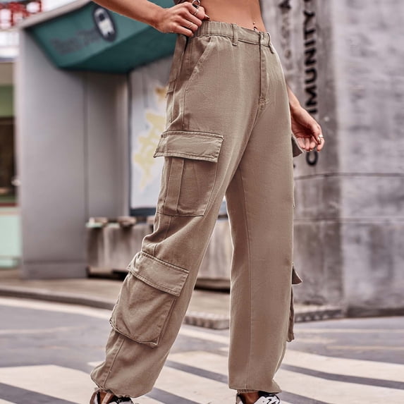 up to 60% off Gifts Usmixi Cargo Pants for Women Fashion Button Elastic Waist Solid Loose Trousers Comfy Lightweight Denim Straight Long Pants Khaki l