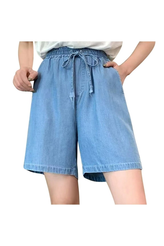 up to 60% off Gifts Usmixi Casual Shorts for Women Summer Drawstring Elastic Waist Plus Size Straight Leg Half Pants Lightweight Stretchy Denim Shorts with Pocket Light Blue XXXL