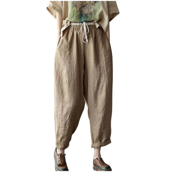 up to 60% off Gifts Usmixi Casual Trousers for Women Summer Lightweight Comfy Cotton Linen Loose Straight Pants Elastic Waist Drawstring Pocket Baggy Cropped Pants Coffee m