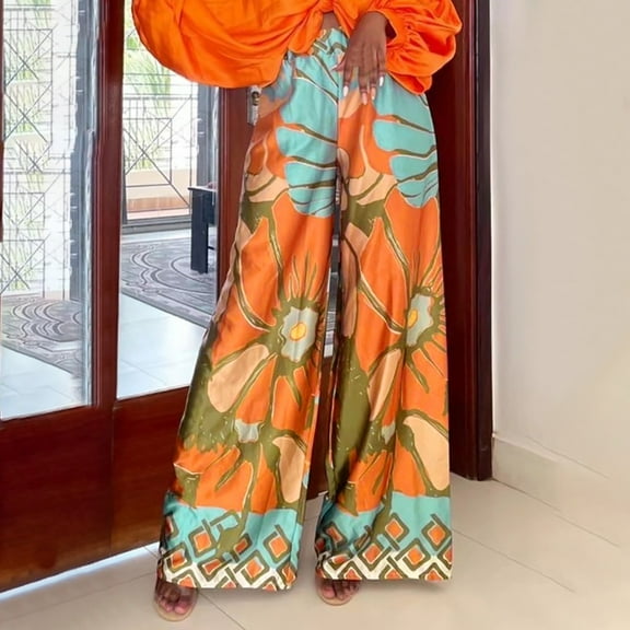 up to 60% off Gifts Usmixi Palazzo Pants for Women Palazzo Pants for Women Fashion Floral Loose Wide Leg Flare Pants Button High Waist Lightweight Ladies Long Pants Trousers Under $5