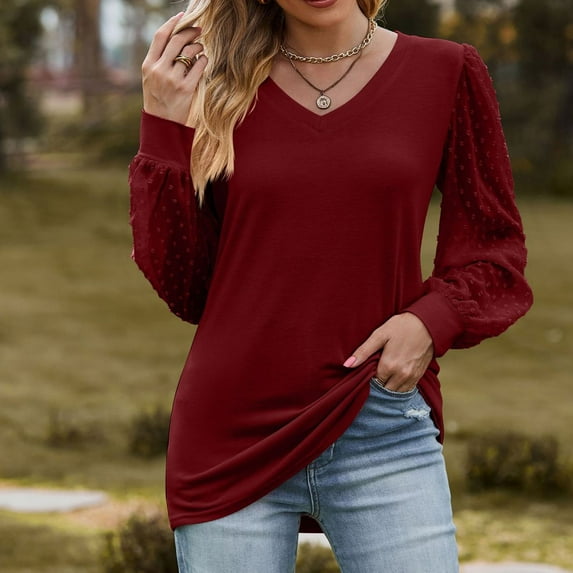 up to 60% off Gifts Usmixi Clearance Sale Sweatshirt for Women Casual Solid Lightweight Chiffon Lantern Sleeve Ladies Pullover Tunic Tops Winter Trendy Plain V-Neck Long Sleeve Blouses