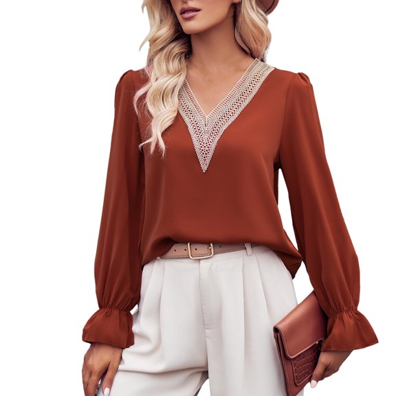 up to 60% off Gifts Usmixi Sale Sweatshirt for Women Fashion Lace Patchwork Lightweight Fall Ladies Pullover Tee Tops Winter Trendy Solid V-Neck Long Sleeve Blouses