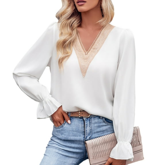 up to 60% off Gifts Usmixi Sale Sweatshirt for Women Fashion Lace Patchwork Lightweight Fall Ladies Pullover Tee Tops Winter Trendy Solid V-Neck Long Sleeve Blouses