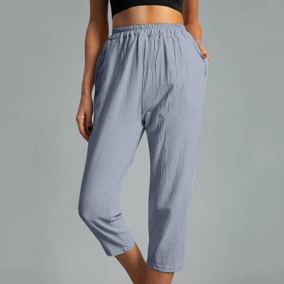 up to 60% off Gifts Usmixi Cropped Pants for Women Casual Elastic Waist Solid Loose Straight 3/4 Trousers Breathable Comfy Cotton Linen Capris Pants with Pocket Gray l