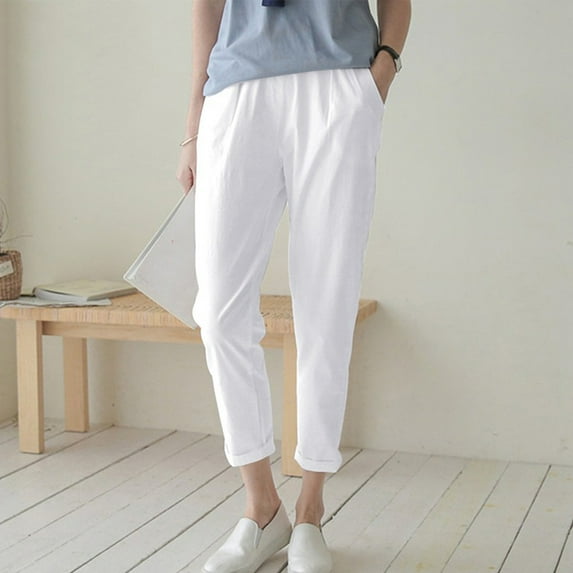 up to 60% off Gifts Usmixi Cropped Trousers for Women Casual Solid High Waist Plus Size Sports Sweatpants Breathable Comfy Cotton Linen Loose Straight Leg Pocket Pants White XXXXXL