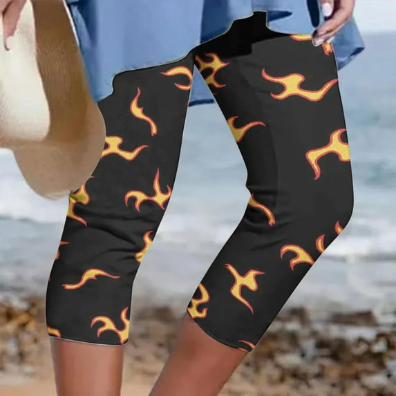 up to 60% off Gifts Usmixi Cropped Trousers for Women Summer Plus Size Elastic Waist 3/4 Pants Vintage Floral Print Lightweight Sports Pants Black XXXL