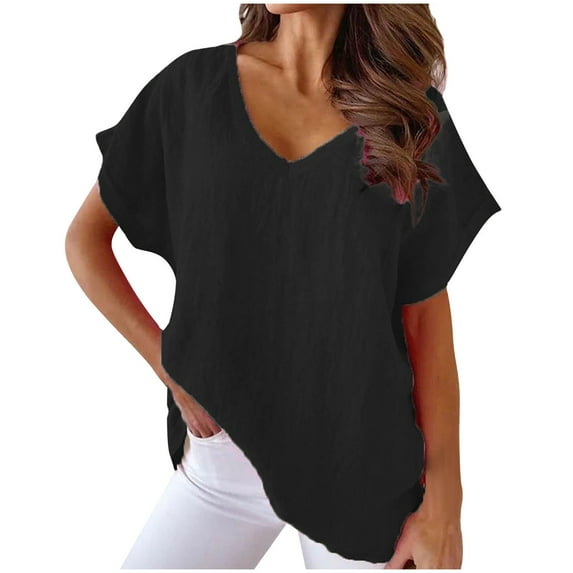up to 60% off Gifts Usmixi Cute Tops for Women Solid V-Neck Short Sleeve T shirts Summer Casual Loose Soft Breathable Cotton Linen Blouses Black M Under $5