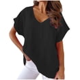 thumbnail image 1 of up to 60% off Gifts Usmixi Cute Tops for Women Solid V-Neck Short Sleeve T shirts Summer Casual Loose Soft Breathable Cotton Linen Blouses Black XXL Under $5, 1 of 6