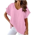 thumbnail image 1 of up to 60% off Gifts Usmixi Cute Tops for Women Solid V-Neck Short Sleeve T shirts Summer Casual Loose Soft Breathable Cotton Linen Blouses Pink L Under $5, 1 of 6