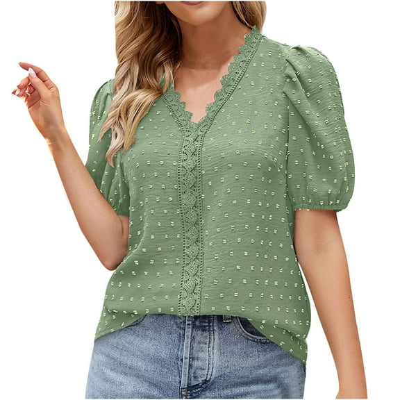 up to 60% off Gifts Usmixi Cute Tops for Women Solid V-Neck Short Sleeve T shirts Summer Puff Sleeve Elegant Lace Trim Comfy Chiffon Tunic Blouses Green XL Clothes