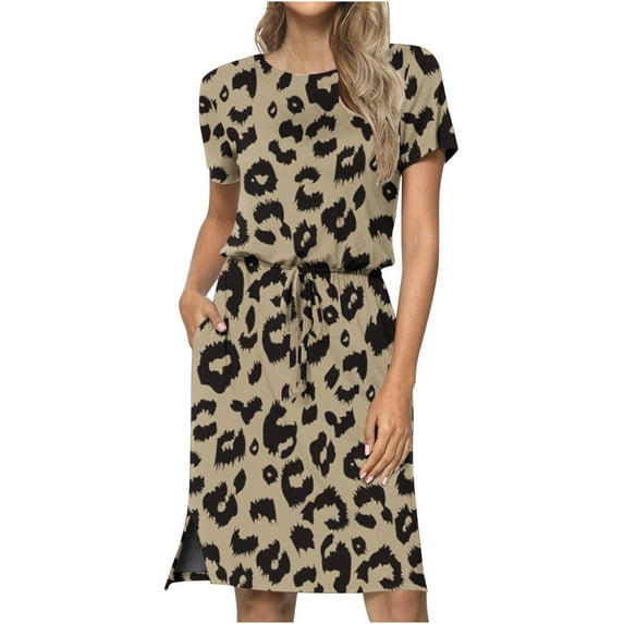 up to 60% off Gifts Usmixi Dresses for Women 2023 Business Tie Waist Pocket Slit Tunic Midi Dresses Short Sleeve Round Neck Leopard Print Summer Knee-Length Formal Dress Yellow m Under $5