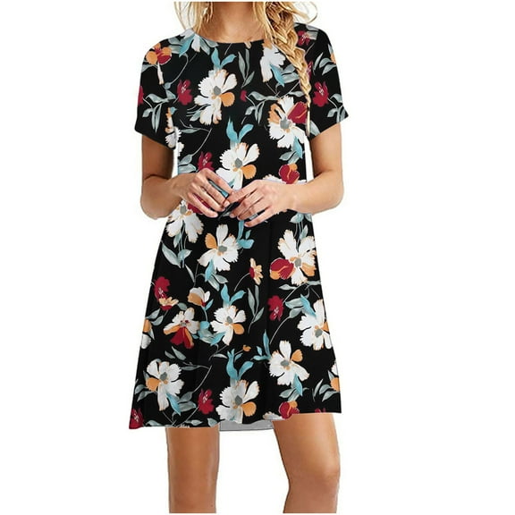 up to 60% off Gifts Usmixi Dresses for Women 2023 Fashion Loose Swing Tunic Tshirt Mini Dresses Short Sleeve Round Neck Floral Print Summer Short Formal Dress Black s Under $5