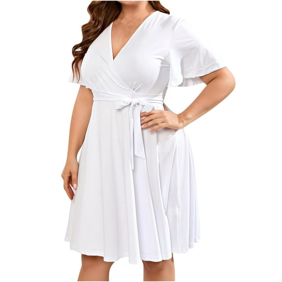 up to 60% off Gifts Usmixi Dresses for Women 2023 Tie Waist Flowy Pleated Swing Plus Size Knee-Length Dresses Short Sleeve V-Neck Solid Summer Midi Formal Dress White xxl