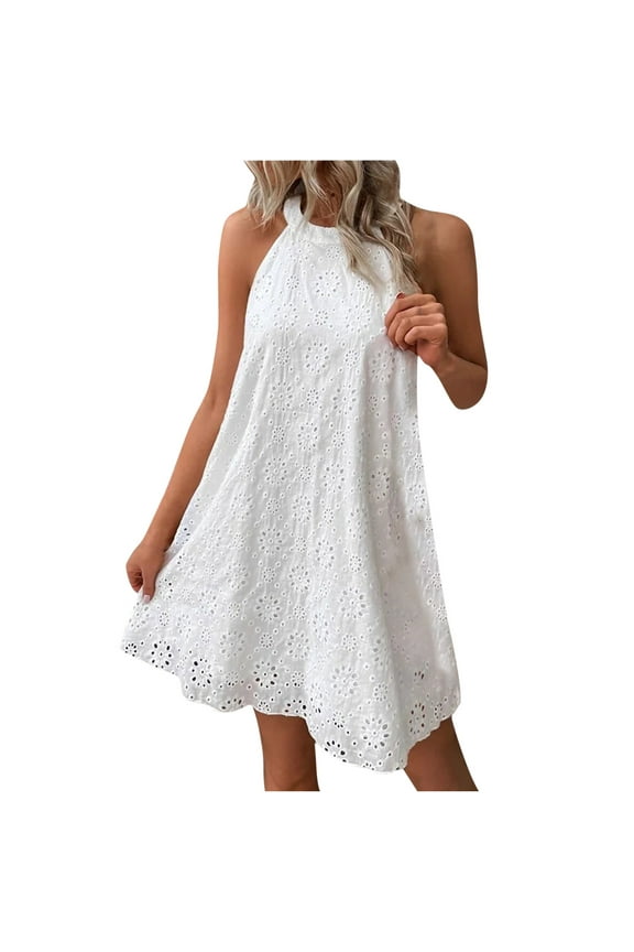 up to 60% off Gifts Usmixi Dresses for Women Beach Sexy Lace Hollowed off Shoulder Halter Mini Sun Dresses Round Neck Sleeveless Solid Summer Short Formal Dress White l