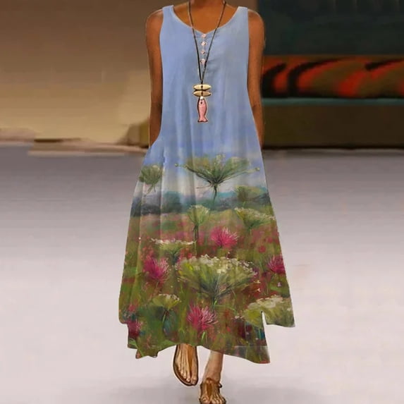 Summer Saving Wycnly Womens Dresses Fashion Loose Pocket Ruffle Layer Swing Tunic Tank Long Dresses Fashion Floral Print V-Neck Sleeveless Maxi Summer Dress Light Blue s