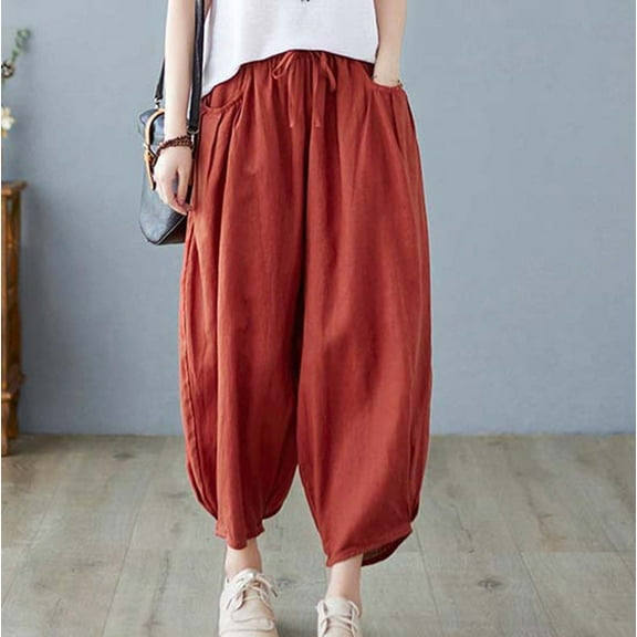 up to 60% off Gifts Usmixi Elastic Waist Pants for Women Casual Solid Drawstring Loose Baggy Straight Trousers Soft Cotton Linen Pocket Long Pants Red XXL