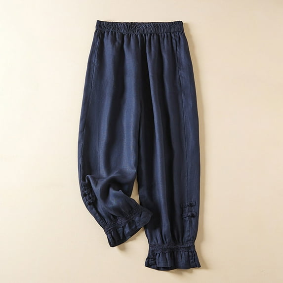 up to 60% off Gifts Usmixi Elastic Waist Trousers for Women Vintage Lace Patchwork Loose Wide Leg Long Pants Casual Solid Cotton Linen Pants with Pocket Navy l