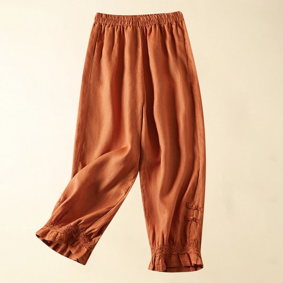 up to 60% off Gifts Usmixi Elastic Waist Trousers for Women Vintage Lace Patchwork Loose Wide Leg Long Pants Casual Solid Cotton Linen Pants with Pocket Orange XL