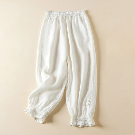 up to 60% off Gifts Usmixi Elastic Waist Trousers for Women Vintage Lace Patchwork Loose Wide Leg Long Pants Casual Solid Cotton Linen Pants with Pocket White XXXL