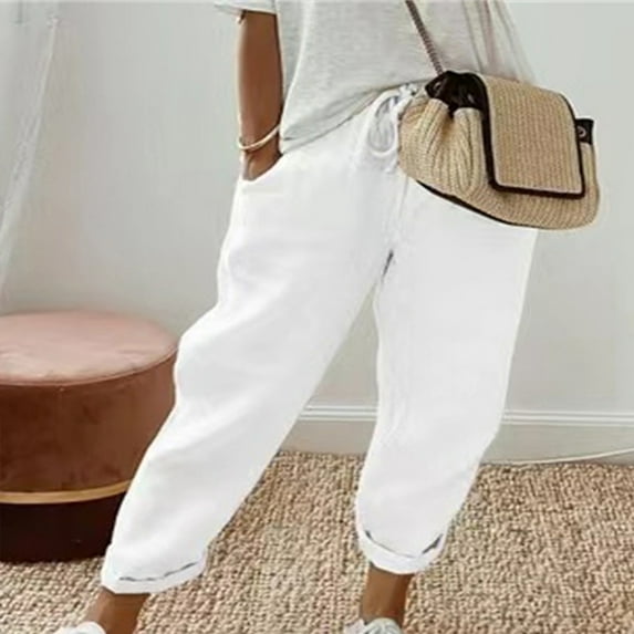up to 60% off Gifts Usmixi Fashion Straight Trousers for Women Casual Solid Loose Wide Leg Long Pants Elastic Waist Drawstring Lightweight Pocket Pants White m