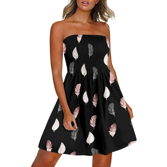 up to 60% off Gifts Usmixi Formal Dresses for Women Beach Boho Elastic Waist Swing Sexy Strapless Mini Sundress Tube Top Sleeveless Feather Print Summer Short Dress Black XL