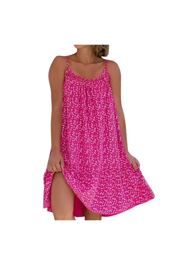 up to 60% off Gifts Usmixi Formal Dresses for Women Beach Boho Loose Swing Spaghetti Strap Short Sun Dress Round Neck Sleeveless Floral Print 2023 Summer Mini Dresses Hot Pink s