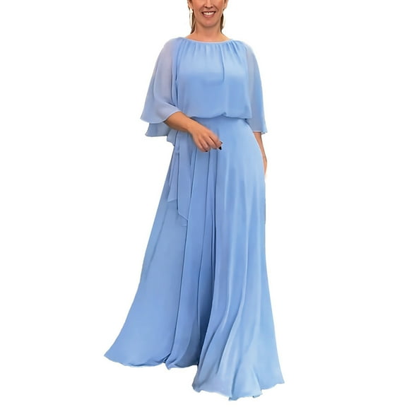 up to 60% off Gifts Usmixi Formal Dresses for Women Beach Casual Elastic Waist Lightweight Chiffon Layer Swing Long Sundress Round Neck Elbow-Length Solid Summer Maxi Dress Blue s