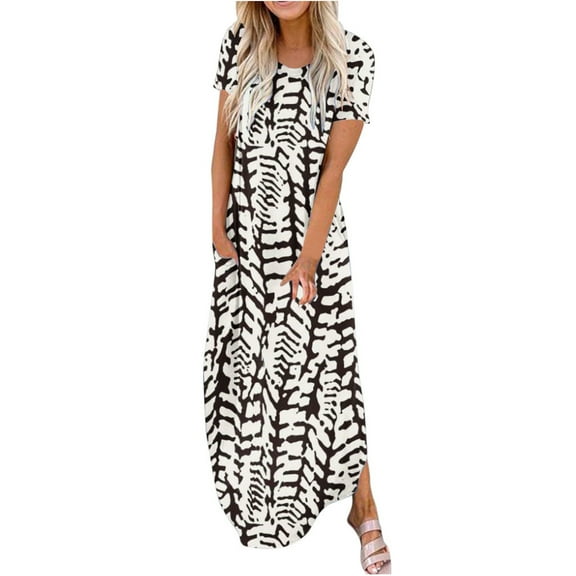 up to 60% off Gifts Usmixi Formal Dresses for Women Beach Fashion Boho Loose Side Slit Long Sundress with Pocket Crewneck Short Sleeve Striped Print Summer Maxi Dress Black l
