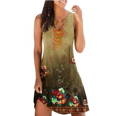 up to 60% off Gifts Usmixi Formal Dresses for Women Beach Holiday Fashion Plus Size Slim Swing Keyhole Tunic Tank Sundress Crewneck Sleeveless Floral Print Summer Mini Dress Green l