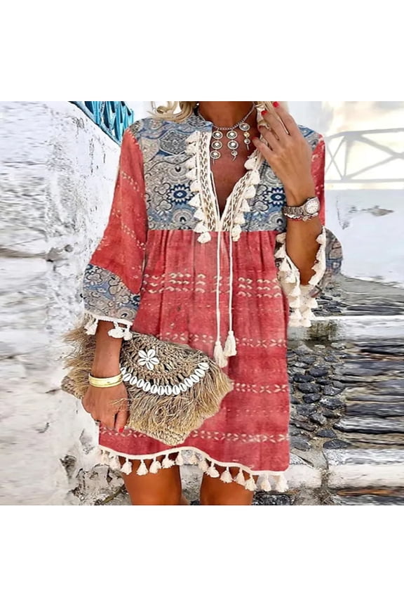 up to 60% off Gifts Usmixi Formal Dresses for Women Beach Loose Flowy Ruffle Swing Tunic Midi Dress V-Neck 3/4 Sleeve Striped Print 2023 Summer Knee-Length Dresses Red l