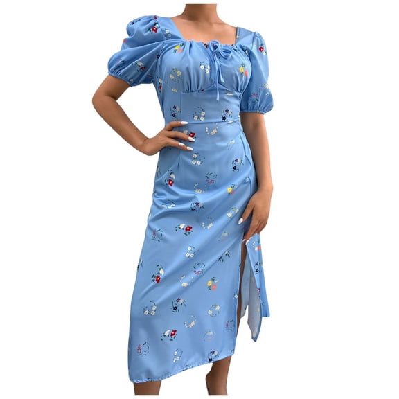 up to 60% off Gifts Usmixi Formal Dresses for Women Beach Party Fashion Puff Sleeve Tie Waist Empire Slit Wrap Dresses Square Neck Short Sleeve Floral Summer Long Dress Blue XL