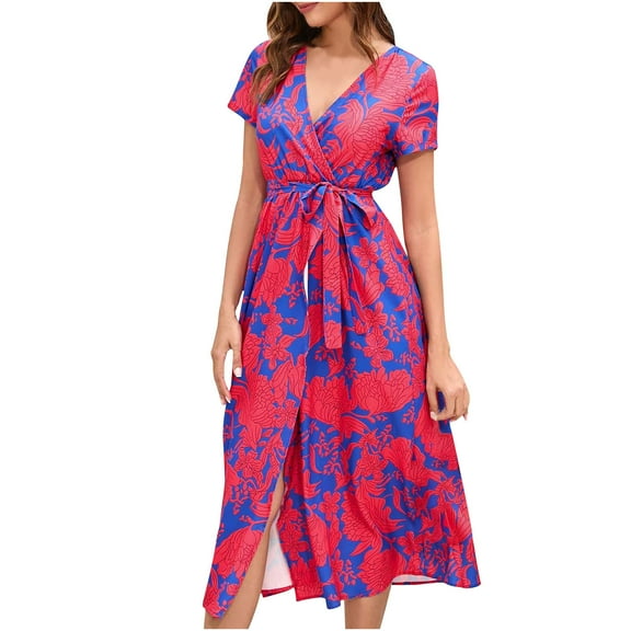 up to 60% off Gifts Usmixi Formal Dresses for Women Beach Vacation Fashion Tie Waist Wrap Slit Sun Dresses V-Neck Short Sleeve Dot Print Summer Long Dress Red l