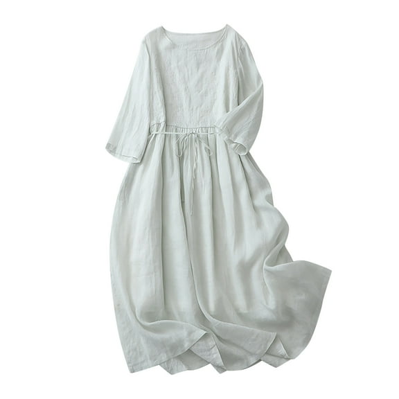 up to 60% off Gifts Usmixi Formal Dresses for Women Casual Cotton Linen Pleated Swing Elastic Waist Loose Long Dresses with Strappy Round Neck 3/4 Sleeve Solid Summer Maxi Dress Green XL