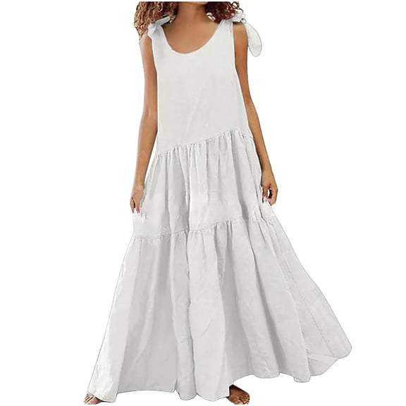 up to 60% off Gifts Usmixi Formal Dresses for Women Casual Plus Size Loose Flowy Ruffle Swing Tie Strap Long Dresses Round Neck Sleeveless Solid Summer Maxi Dress White XXXXL