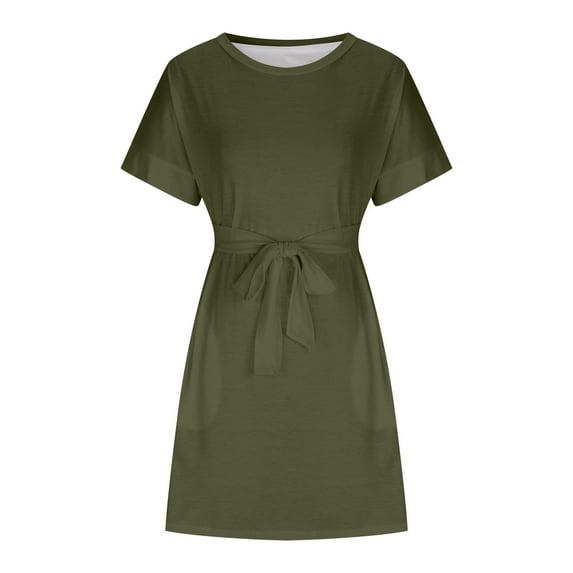 up to 60% off Gifts Usmixi Formal Dresses for Women Casual Pocket Swing A Line Knee-Length Dresses with Belt Crewneck Short Sleeve Solid Summer Midi Dress Army Green l